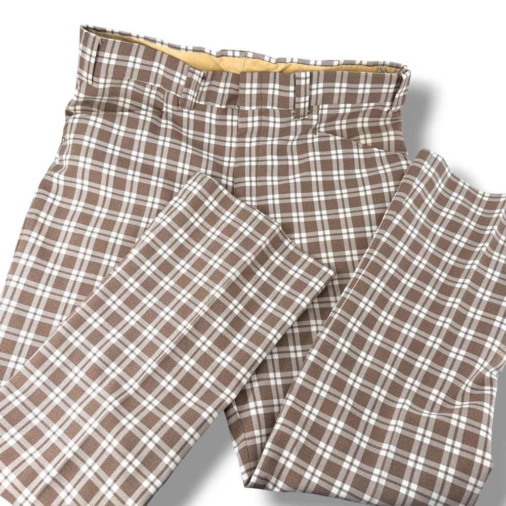 Vintage 70s Plaid Trousers Mens Brown White Wash-N-Wear Slacks Rockabilly 35x28